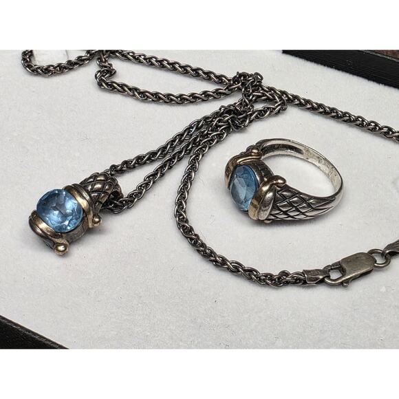 Ladies STERLING SILVER LIGHT BLUE TOPAZ NECKLACE And Ring Set - Picture 4 of 7